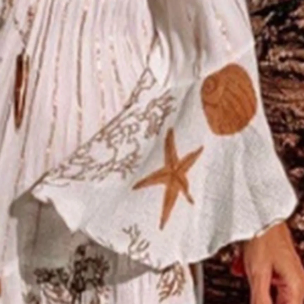 

Bohemia 2021 Summer New Fashion Vacation Printing High Waist V-neck Flared Sleeves Loose Casual Women's Dress Tassel