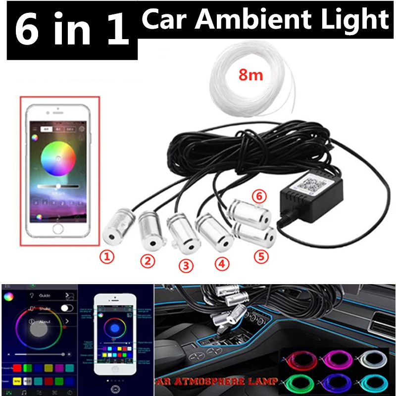 

Светодиодное освещение для салона автомобиля, 6 в 1, RGB-подсветка, оптоволоконные ленты, освесветильник с управлением через приложение, музык...