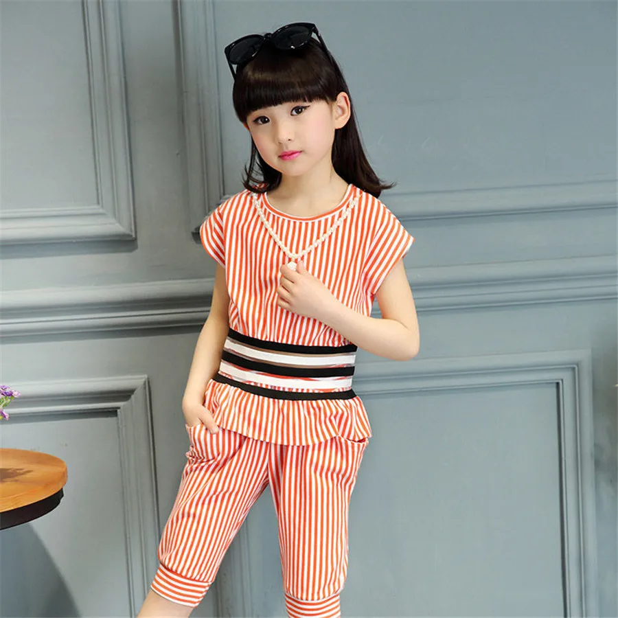 Teenage Children Clothing Tracksuit For Girls Sets Summer Girl Stripe Outfit Suit Kids Clothes 8 10 12 14 Year |