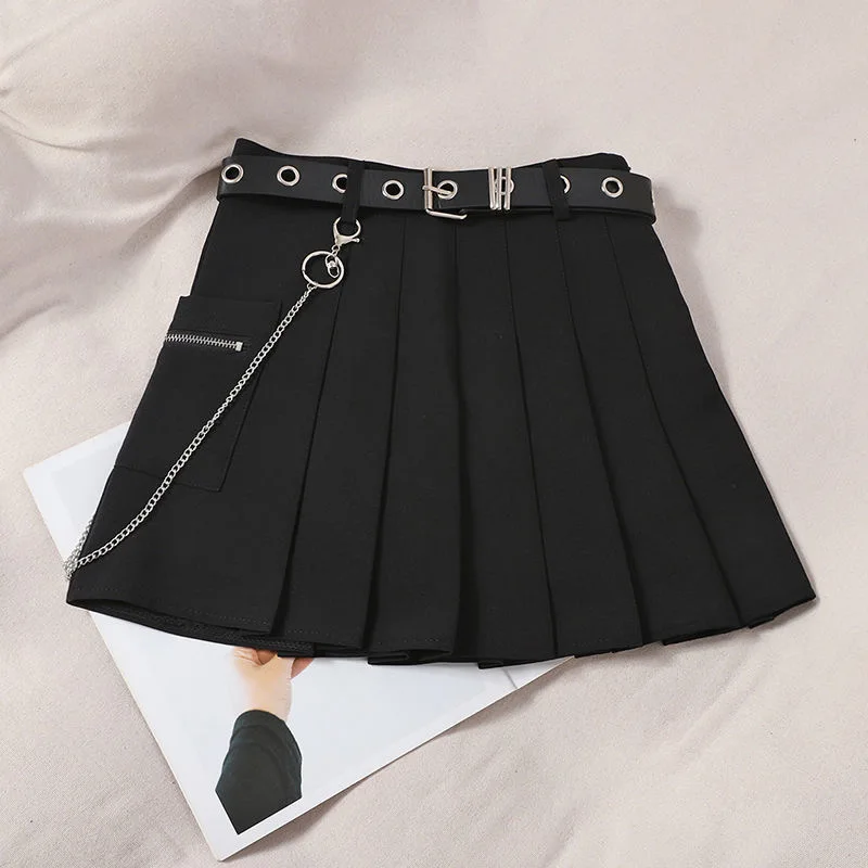 

Sexy with chain belt Pleated Skirts womens High Waist Mini Skirt girl sweet Skirt 2021 Womens Summer skirt