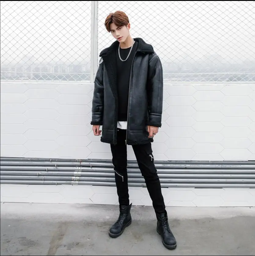 

Korean Version M-xxl Men's Pu Leather Warm Long Section Fur Stand Collar Zipper Coat Jacket Tide Personality Lamb Cashmere Coats