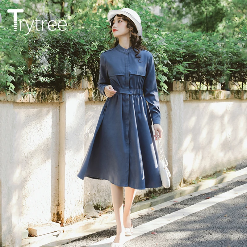 Trytree 2019 осенне-зимнее женское Повседневное платье с круглым вырезом в винтажном