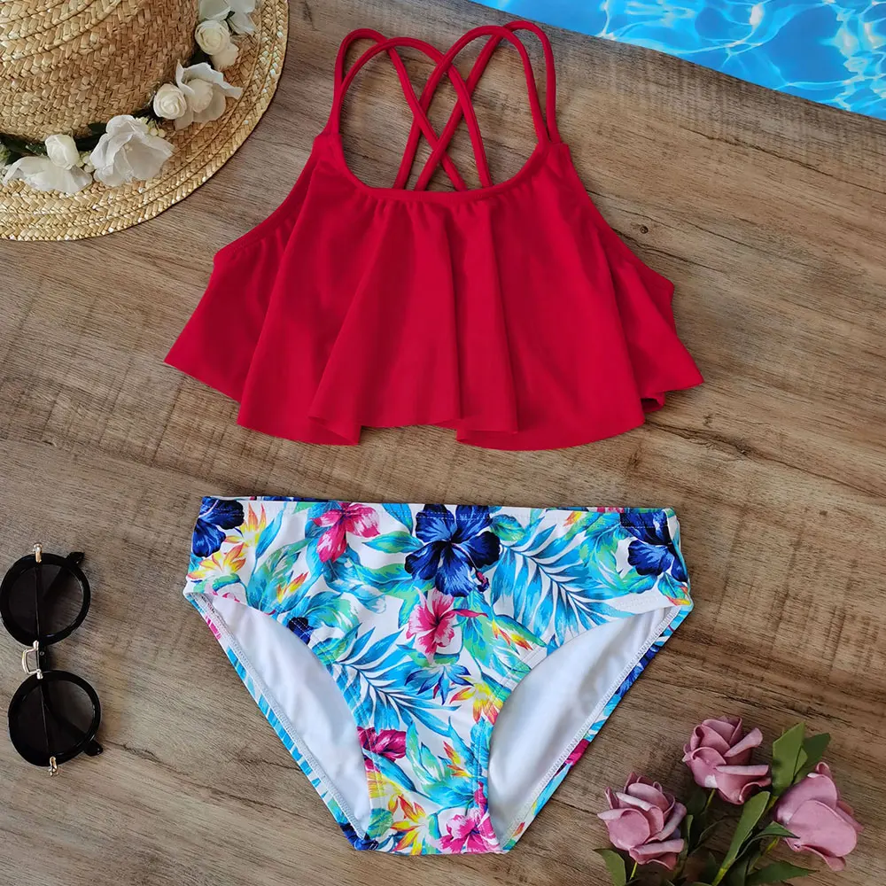 

7-14Years Flounce Girl Swimsuit Kids Two Piece Children's Swimwear Floral Girl Bikini Set Cross Back Girl Bathing Suit Beachwear