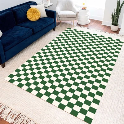 

Retro Checkerboard Checkered Carpet Rectangular Living Room Sofa Bedroom Crawling Sit Green Floor Mat