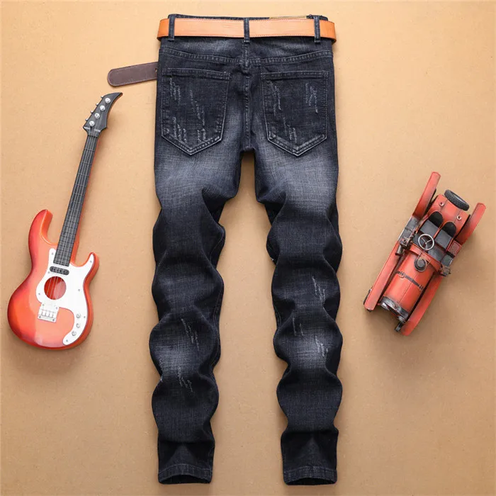 Мужские рваные джинсы с вышивкой в виде рыбьей кости и молнии модные Стрейчевые