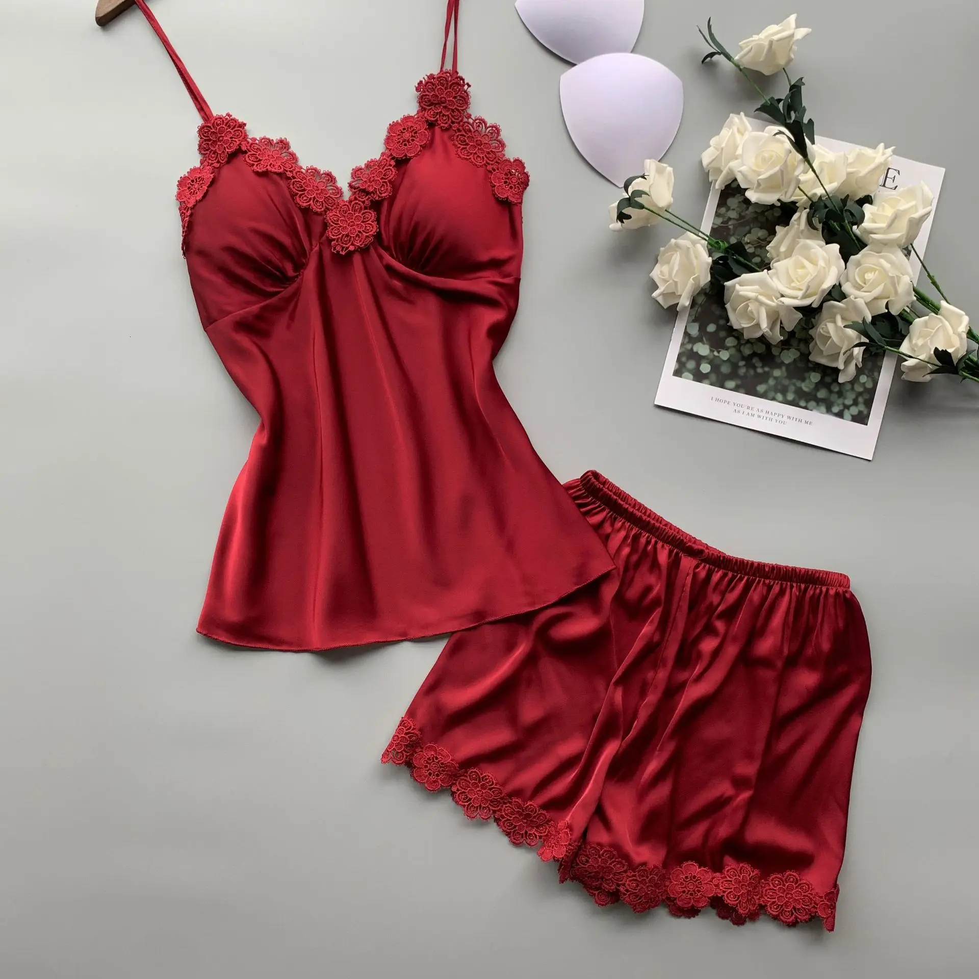 Ice Silk Pajamas Woman Sexy Camisole Shorts Twinset Pijama With Chest Pad Spaghetti Strap Sleepwear