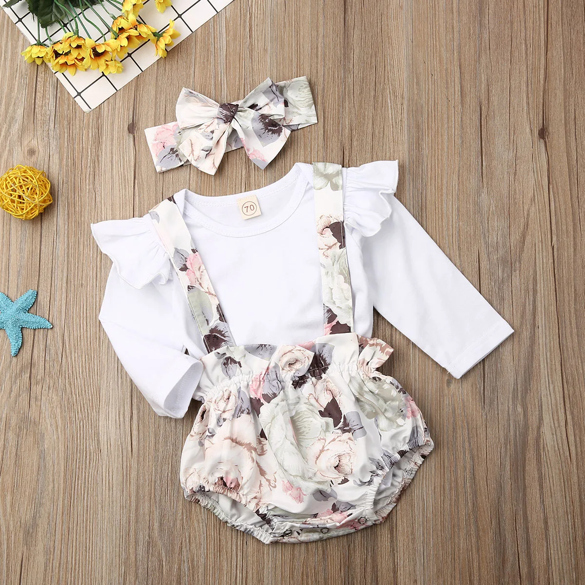 

Pudcoco Newborn Baby Girl Clothes Solid Color Long Sleeve Romper Tops Strap Flower Print Short Pants Headband 3Pcs Outfits Set