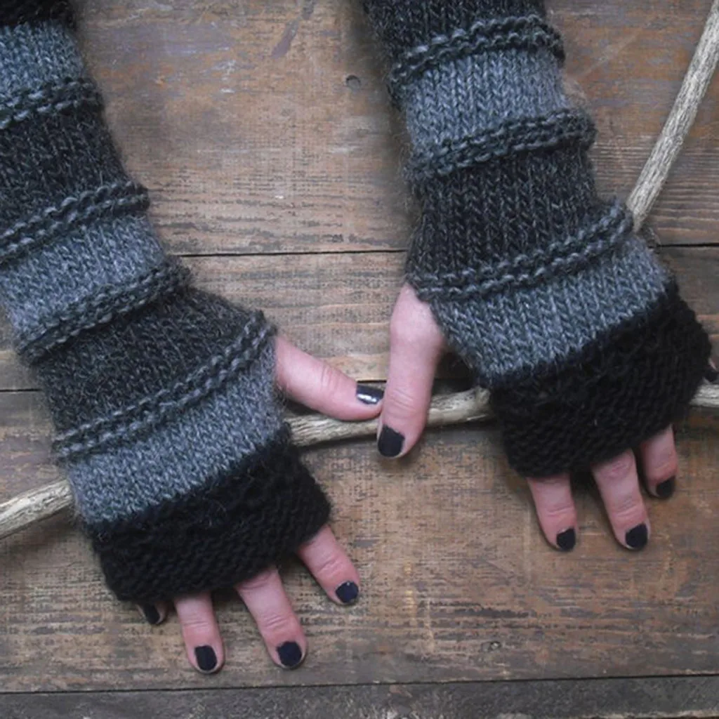 

Adult Winter Knitted Fingerless Gloves Stitching Striped Warm Long Gloves Winter Autumn Gloves Wrist Arm Hand Warmer