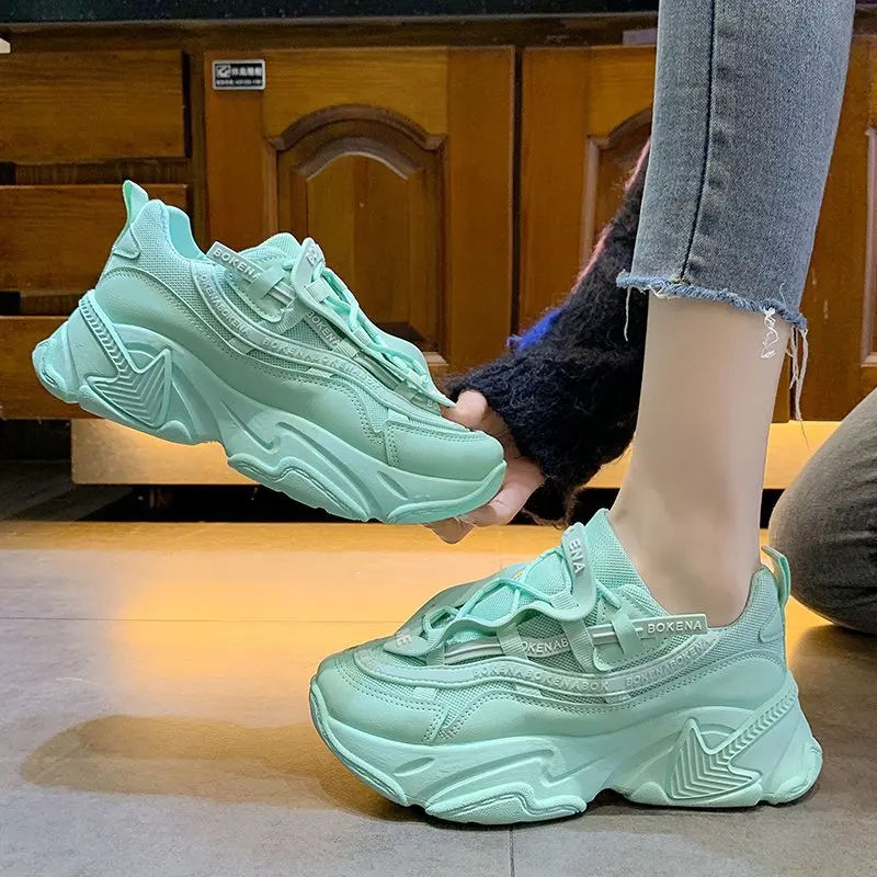 

Platform Sports Soles Breathable Mesh Chunky Zapatillas Casual Dad Shoes Designer Lace Up Solid Color Luxury Women Sneakers 2021