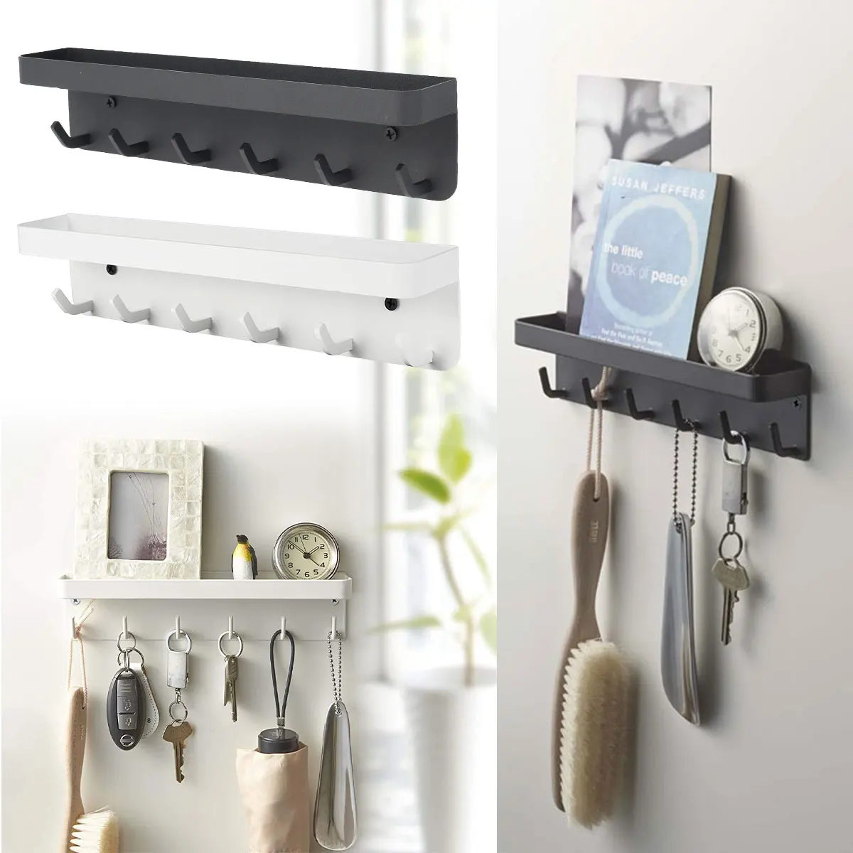 

6 Hook Wall-Mounted Holder Shelf No Drilling Metal Stainless Steel Rack Key Hook Hanger Wall Decorative Rust-proof Key Organizer