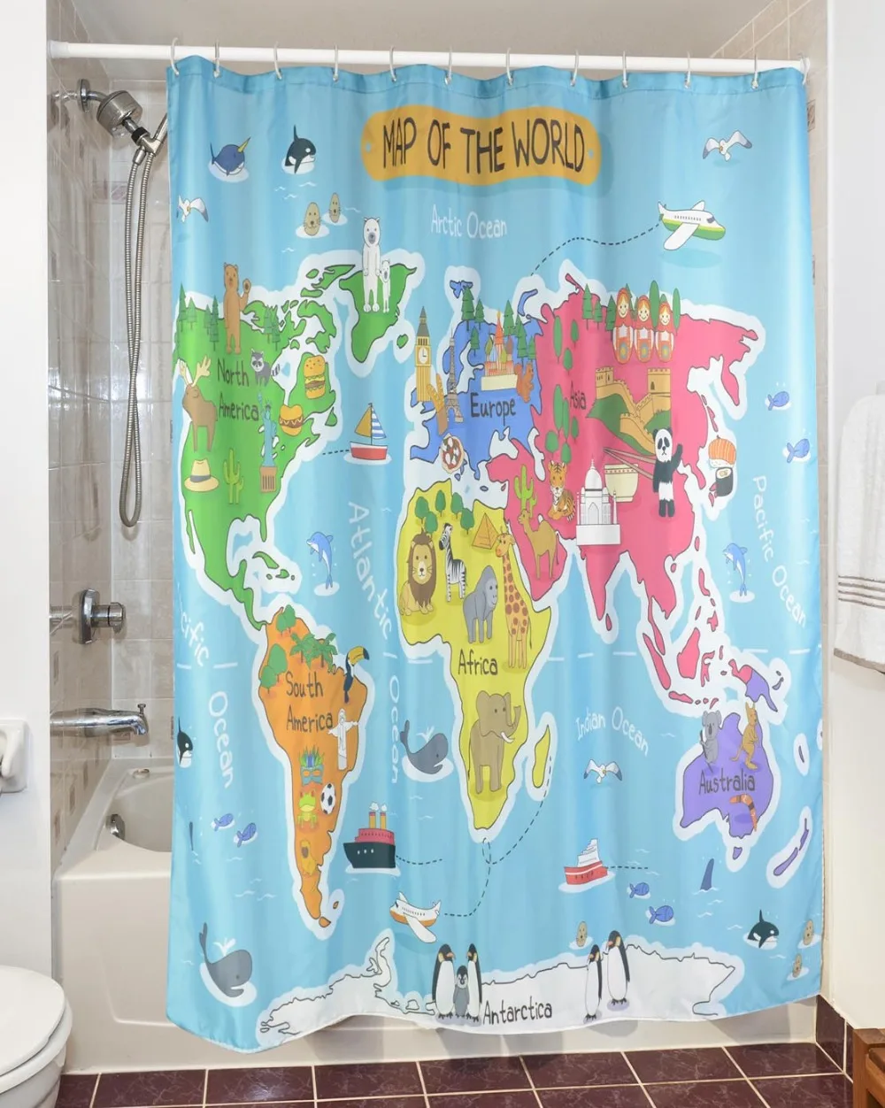 Водонепроницаемая занавеска для душа QIYI с мультяшным принтом карты мира