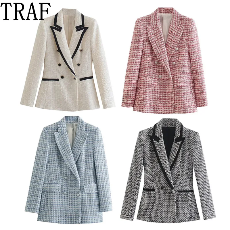 

TRAF 2021 Tweed Blazer Women Office Casual Blazer Woman Vintage Long Sleeve Jacket Female Fashion Double Breasted Fitted Coat