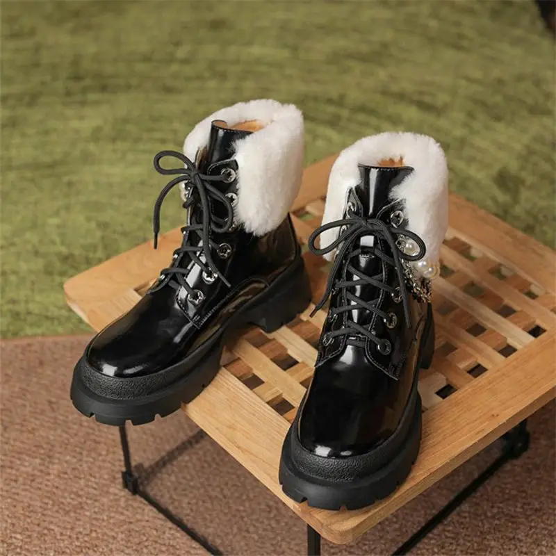 

Winter Wool Boot For Women Cowhide Round Toe Platform Flat Heel Short Ankle Shoe Metal Chain String Bead Decoration Martin Boots