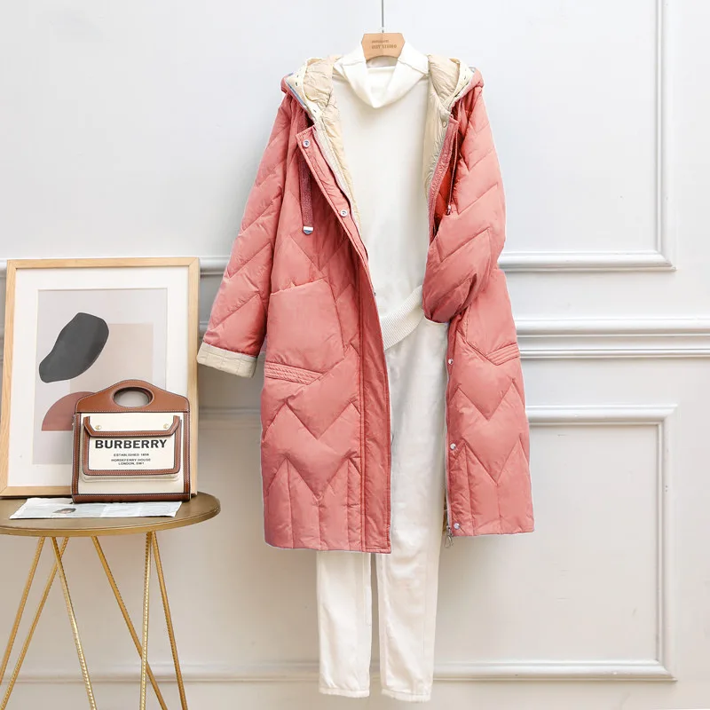 2021 New Arrival Middle Length Down Coat Women Hooded Loose Korean Style Argyle Plaid White Duck Down Coat Fashin Winter Clothes