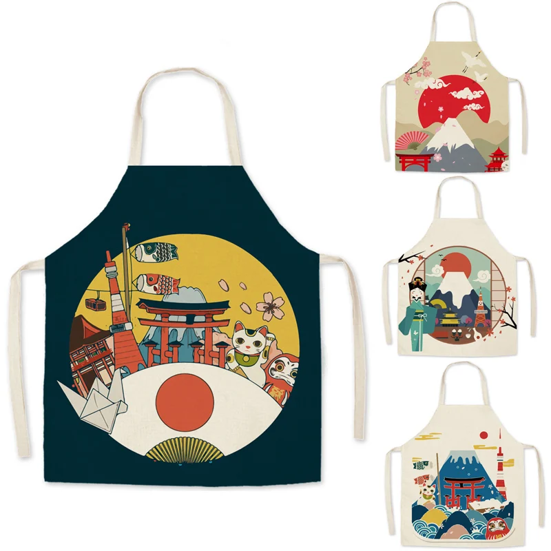 

Кухонный Фартук с принтом кошки, домашние хлопковые льняные фартуки без рукавов, женские фартуки для выпечки, фартук с японским ландшафтным...