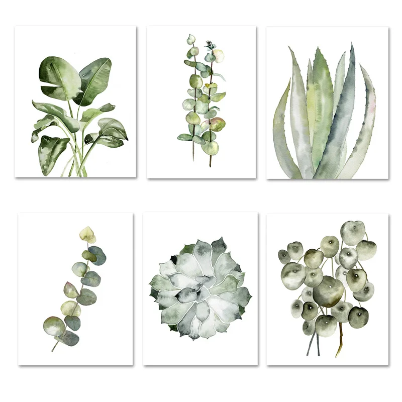 Плакаты и принты акварельных листьев настенная Картина на холсте с зелеными