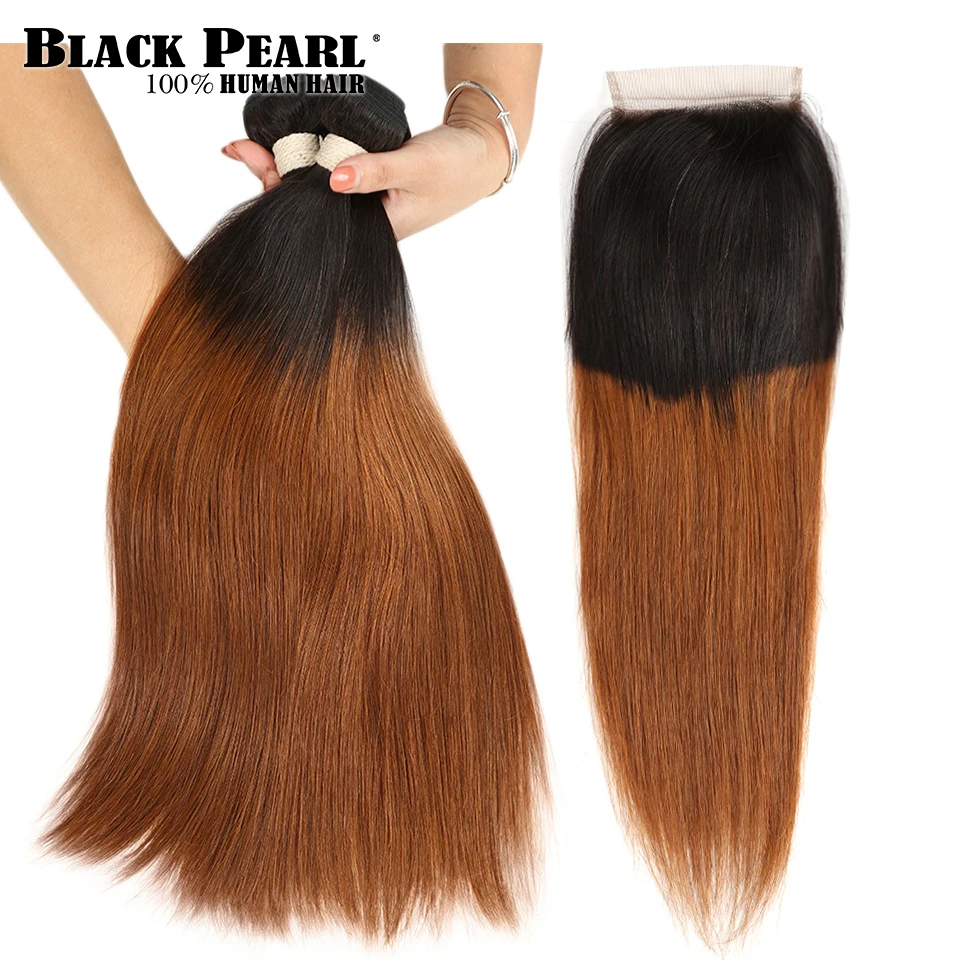 Черные жемчужные прямые пучки человеческих волос Ombre с закрытием человеческие