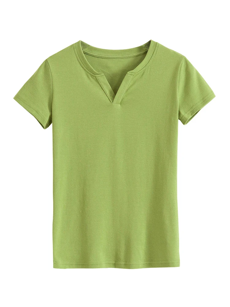 

2021 Summer Female T-Shirts Simplicity Striped Soft Casual Tees Elastic Ladie Tops Chic V-Neck Cotton T-Shirt Blue Green S-2XL