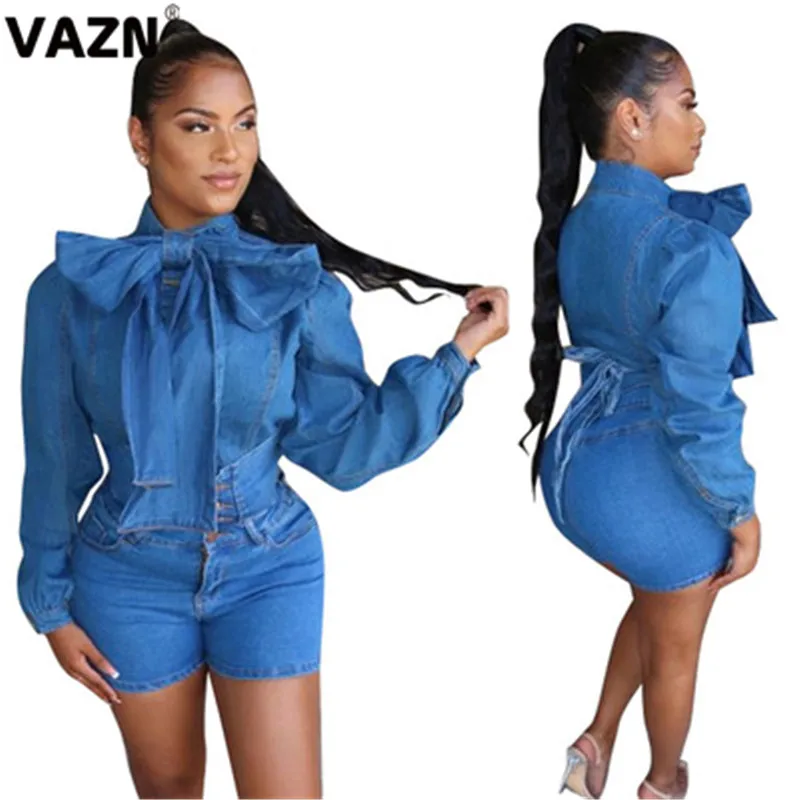 Denim VAZN MOF5114 горячие спортивные повседневные спортивные костюмы, стильный женский джинсовый комплект с длинными рукавами, короткие штаны, эластичная оплетка, Женский комплект из 2 предметов - Цвет: Denim