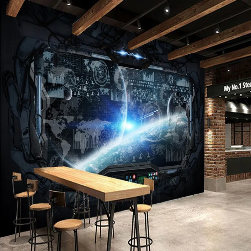 Черные обои на заказ для игровой комнаты Космический космический корабль 3d стен
