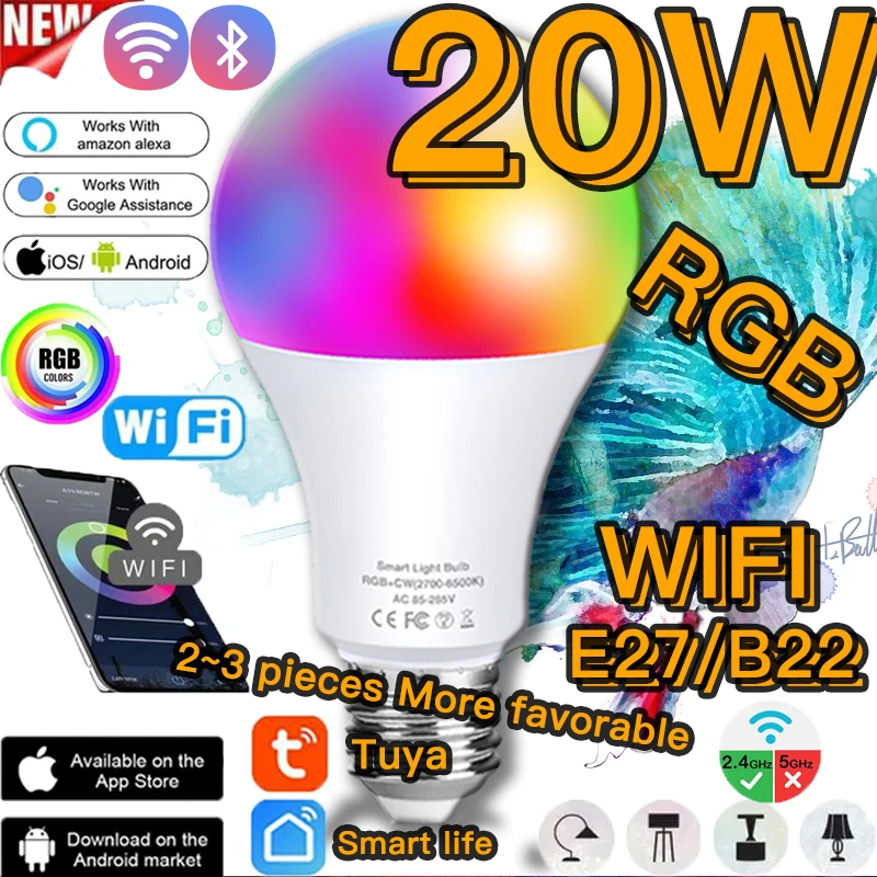 

20W E27/B22 Tuya Wifi Smart Bulb PIR Motion Sensor LED Night Light Works Amazon Alexa Google Home 2700-6500K Energy-Saving Bulb