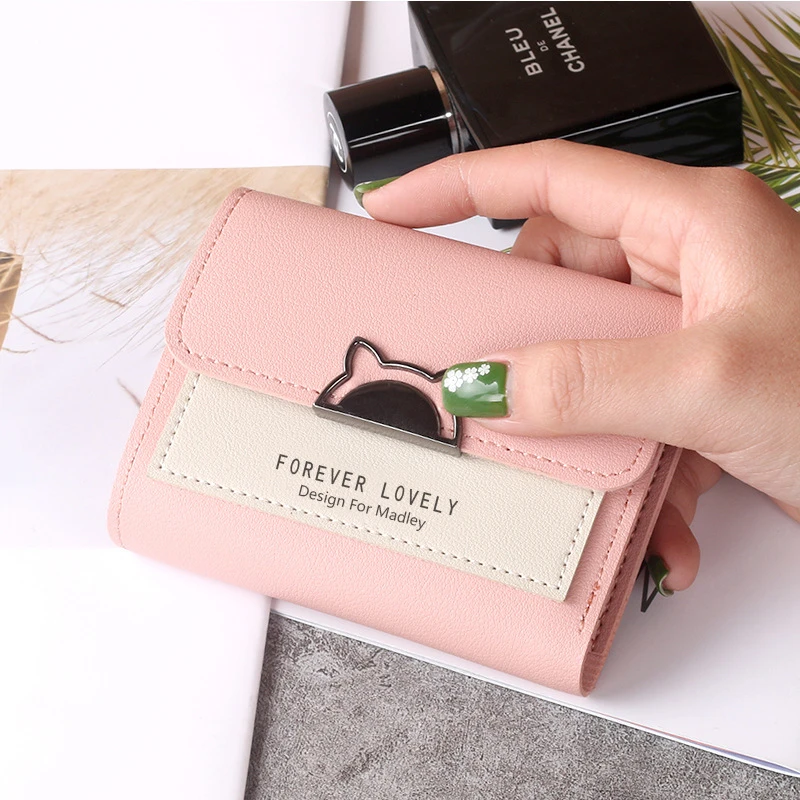 Women's Wallet Short Solid Color Female Pu Leather Three Fold Metal Fox Buckle Coin Purses Ladies Mini Clutch Bag Card Holder