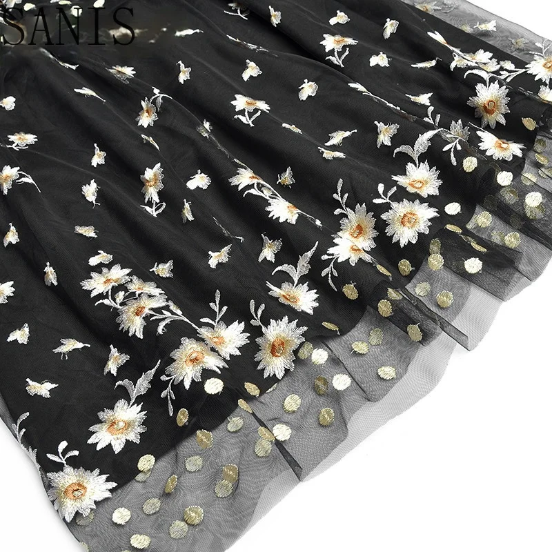 

Sanis New 2021 Fashion Designer Summer Elegant Party Dresses Women's Short sleeve Embroidered Mesh Vintage Black Midi Dress