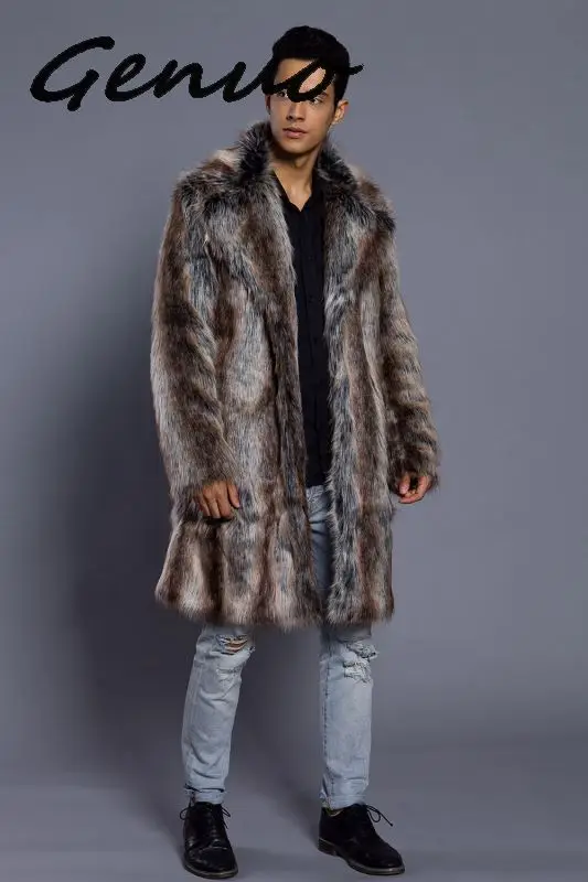 

Новинка 2019, зимняя мужская шуба из искусственного меха норки с отложным воротником, Длинная ветровка в полоску с принтом, свободная повседн...