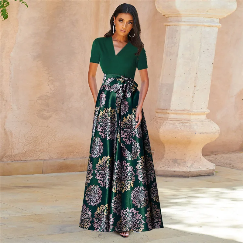 

Vintage Fashion Print Women Maxi Dress Summer Elegant V-neck Slim Party Dress for Ladies