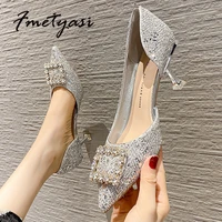 woman heels fashion open toe crystal stiletto heels elegant autumn champagne silver side hollow rhinestones woman pumps
