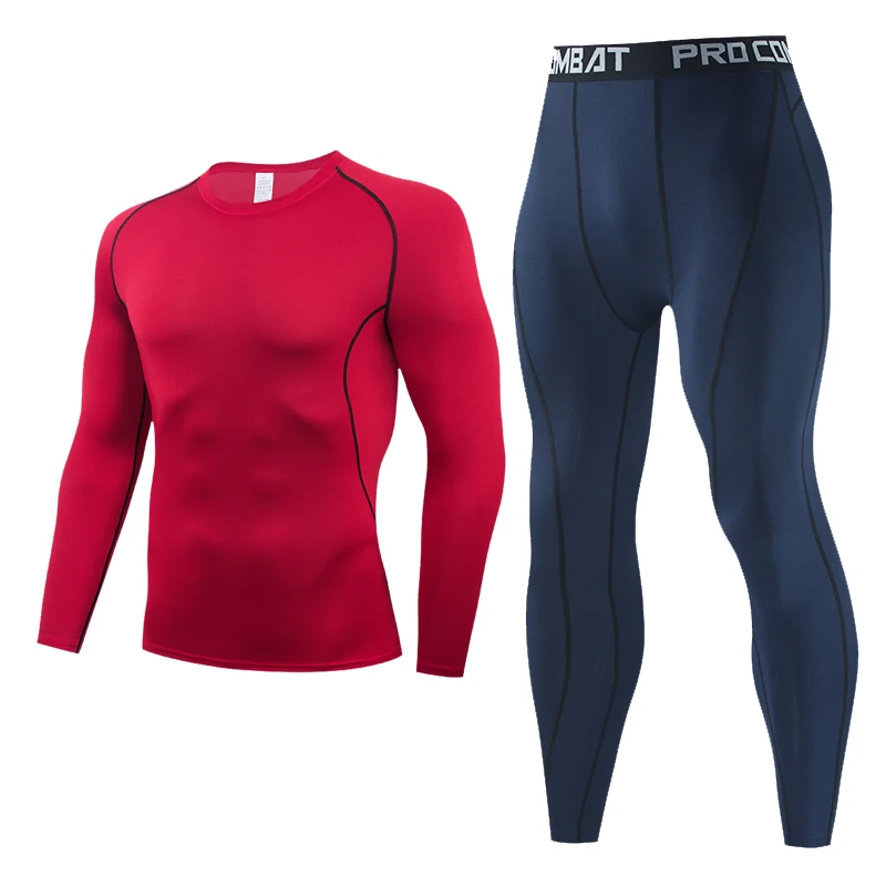 

Men Red Compression set MMA Long Sleeve T-shirt Men's Sport Tights Pants Fitness Bodybuilding Clothes work out Running Suit