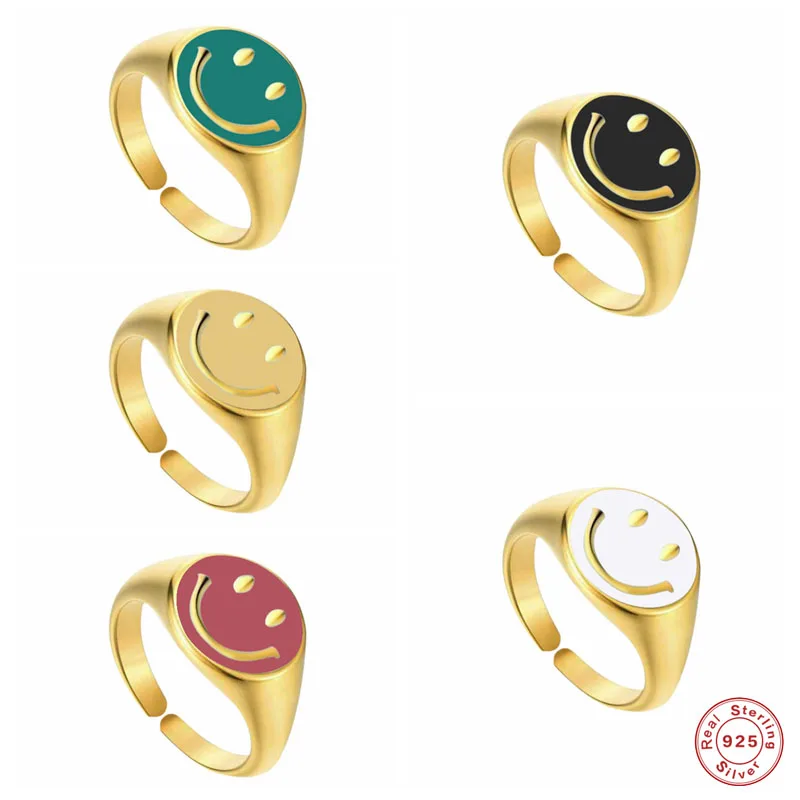 

GS 925 Sterling Silver 2021 Trend Cute Smiley Face Pattern Opening Rings For Women Enamel Smiling Face Resizable Ring Jewelry