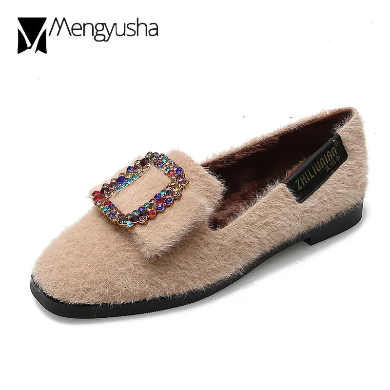 Разноцветные туфли без задника Пряжка со стразами меховые на плоской подошве
