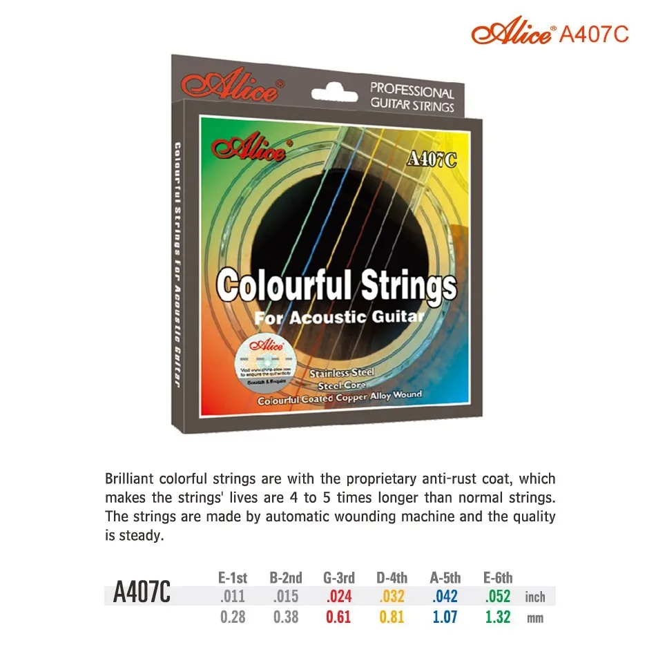 Alice A407C цветные акустические гитарные струны 1st-6th гитарные струны с цветным покрытием медный сплав намоточный светильник