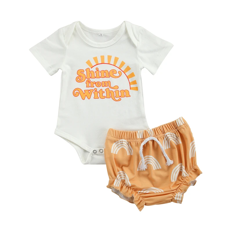 

Summer Kids Girls Suit Set Letter Print O-Neck Short Sleeve Romper+ Rainbow Print Shorts Infant Clothing 0-18 Months