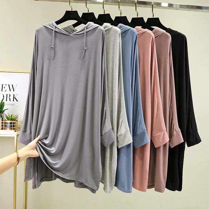 

Hooded Modal Night Dress Women Long Sleeve Loose Sleepwear Spring Summer Short Nightgowns Female Sleepshirt Bottoming Shirt