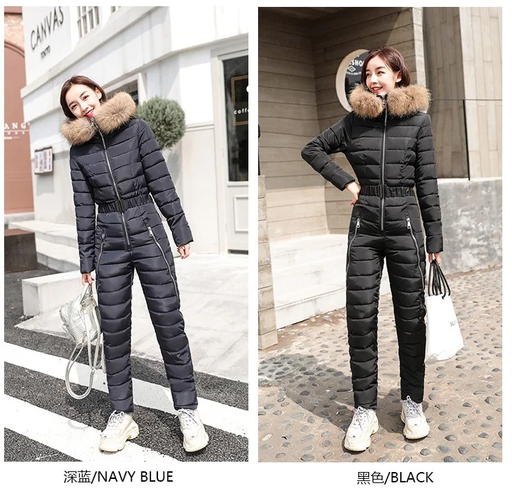 Winter new down cotton pad women fashion women two-piece cotton Raccoon Fur collar hooded thick warm jumpsuit women G1156
