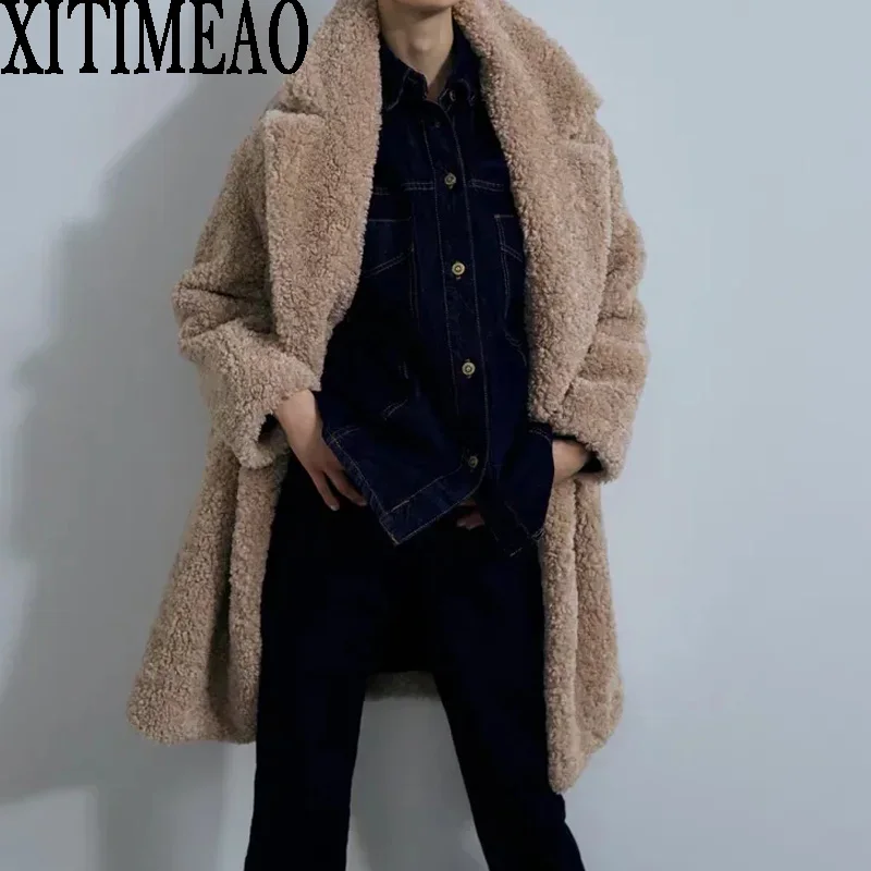 

Новое зимнее пальто Xitimeao Za из искусственного меха, Свободное пальто оверсайз средней длины, женские пальто из овечьей шкуры, женская модная ...