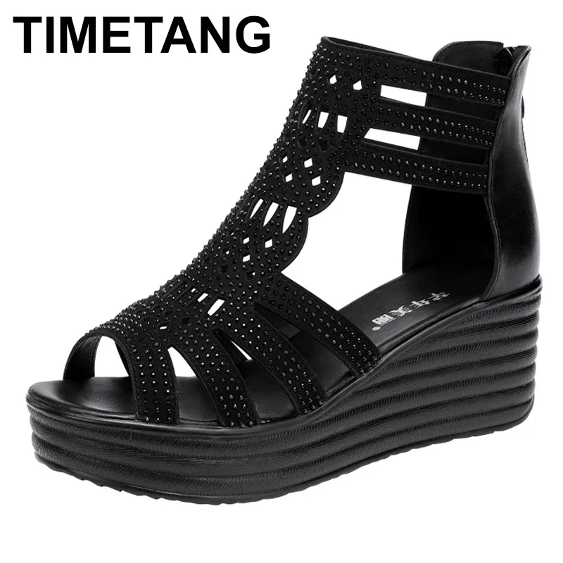 

TIMETANG Small Plus Size32-43Open Head Back Zip Platform Sandals Women Summer 2021 Elegant OL High Heels Wedges Gladiator Sandal