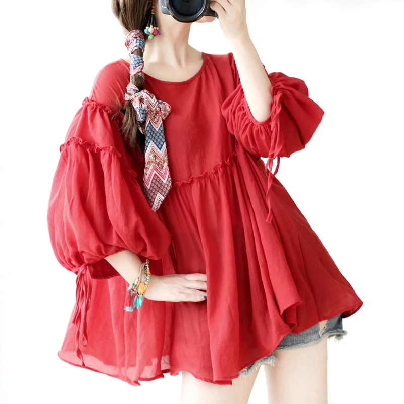 Женская рубашка с рукавами фонариками в этническом стиле ретро Mori Girl Свободный