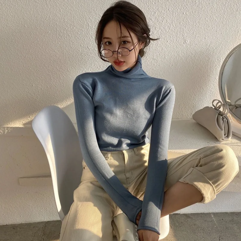 

Women's Sweater Autumn High-neck Long Sleeve Slim Fit Inside And Outside Bottoming Shirt Pullovers Solid Color Knitwear Jumpers