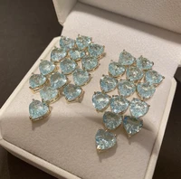 simple light blue peach heart shaped diamond earrings temperament zircon stud earrings translucent love a string eardropi