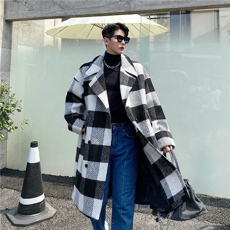 

Высококачественное шерстяное пальто в Корейском стиле, мужское винтажное двубортное пальто в клетку, толстое твидовое пальто на осень и зи...