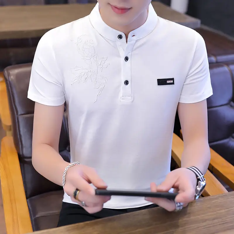

High quality cotton spring and summer men's short-sleeved Polo shirt Korean fashion trend stand-up collar T-shirt robe