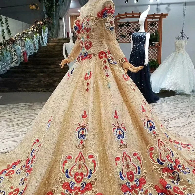 Блестящие вечерние платья LS657445 из Дубая с блестками длинными рукавами и круглым