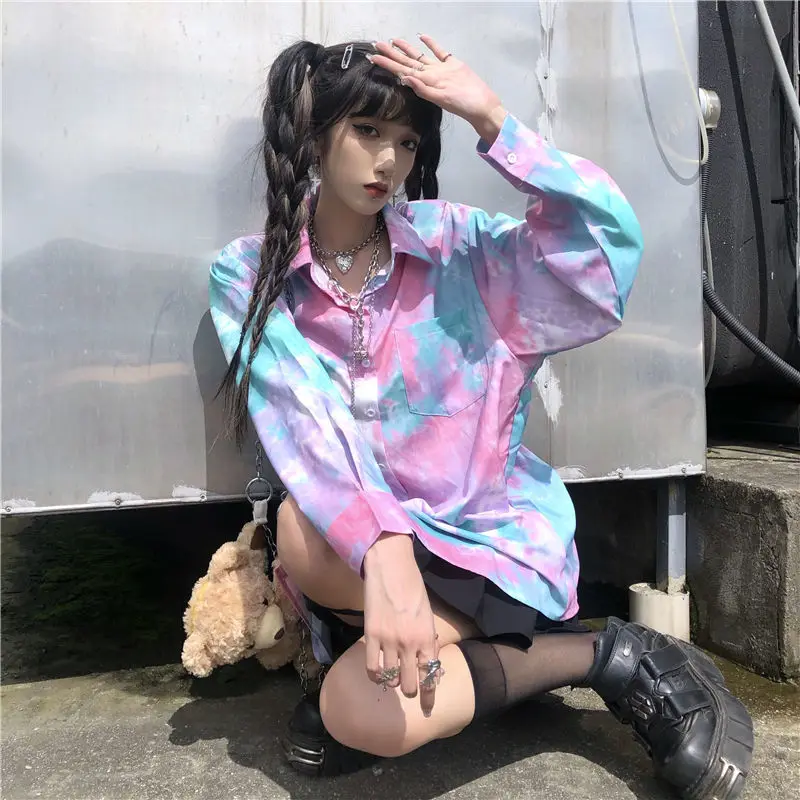 

2021 Spring Vintage Long Sleeve Blouses Tie-dye Printing Korean Hong Kong Style Retro Women Button Up Shirt Harajuku Fashion Top