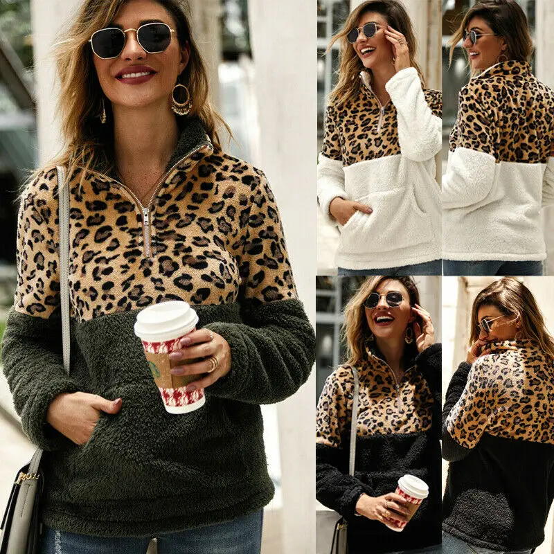 Женская теплая куртка с леопардовым принтом и карманами на молнии пальто