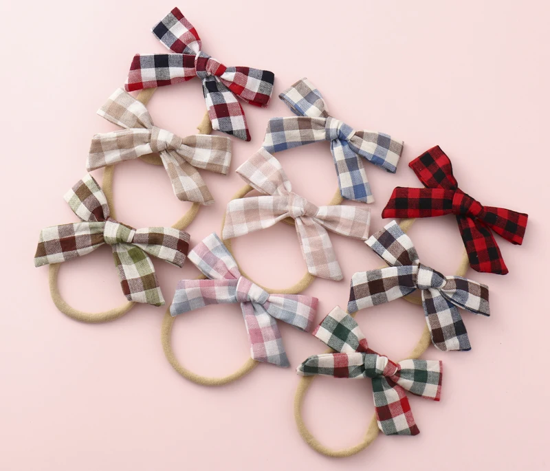 

1pcs/lot Newborn Kids Plaid Fabric Bow Nylon Headband,Super soft Nylon Baby headbands,Girls DIY Hair Accessories