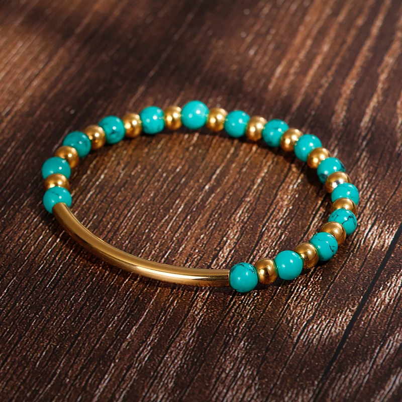 Unique Green Pine Stone Chain Bracelet Stainless steel Elastic String Hand Accessories Link Beeded Wrist Jewelry for Couple | Украшения и