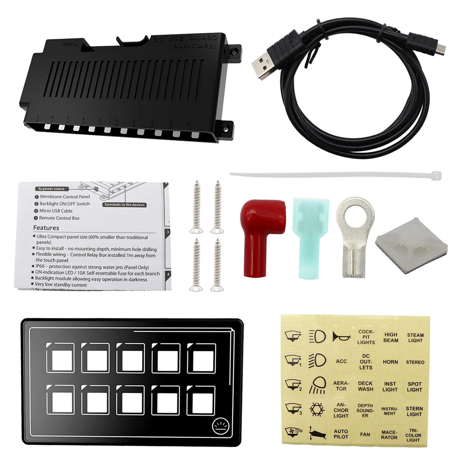 

10P LED Membrane Control Switch Panel w/Backlight Built-in PPTC APP Control IP67 Waterproof for Car Marine Boat